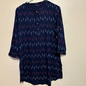 Srishti Ikat Tunic Top XXL | Boho Ethnic Print Navy Red 3/4 Sleeve Kurta